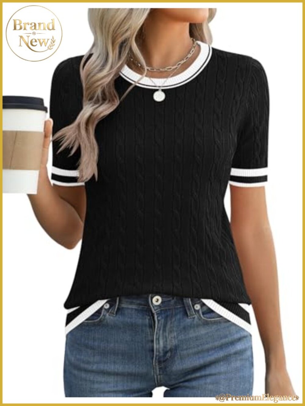 Women's Short Sleeve Cable Knit Crewneck Sweater, Viscose Blend, Lightweight
